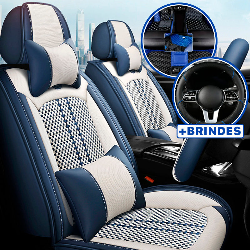 Capa Universal Completa Para Carro Evotek em Couro Legítimo e AirBag +BRINDES: 3 Tapetes Para Carro e Capa de Volante